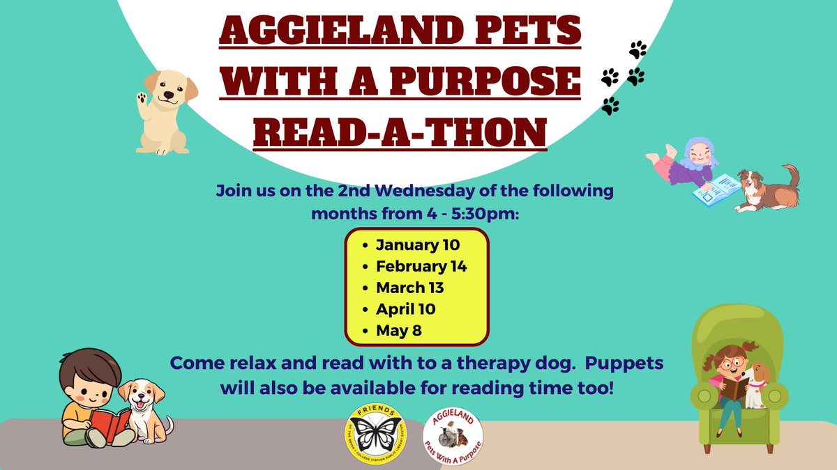 Come take a quick break from studying tomorrow, May 8, at the Ringer Library from 4-5:30pm with Aggieland Pets With a Purpose.

You can come read to therapy dogs (or give them lots of petting) or puppets, and we will also have coloring sheets available. #bcstx #therapydog