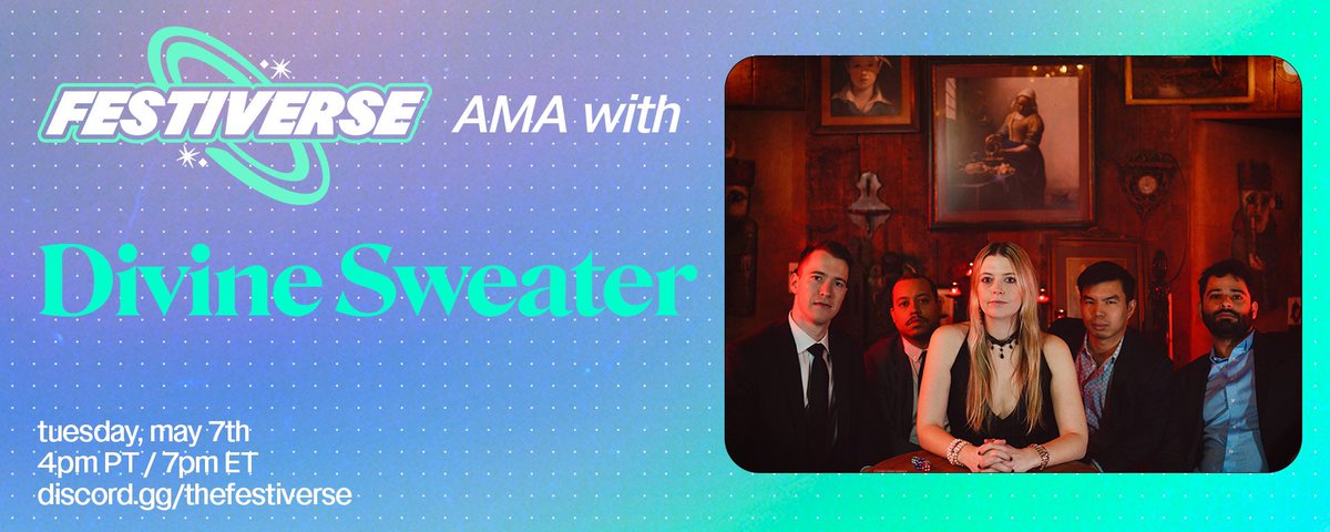 ✨ @divinesweater is stopping by for a voice chat AMA tonight! We'll chat about their brand new single, Deep Side, and their upcoming set at @bostoncalling this month!

Listen in for your chance to ask the band anything!

⏰ May 7th, 7pm est
➡️ discord.gg/thefestiverse