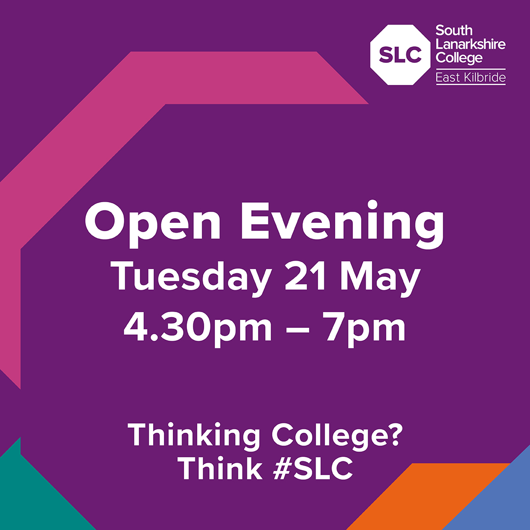 ✦ OPEN EVENING ✦ 📍 South Lanarkshire College 🗓️ Tuesday 21 May 2024 ⌚️ 4.30 pm to 7pm ・August course information ・Meet staff ・Funding advice Register your place → eventbrite.co.uk/e/open-evening… #OurSLC