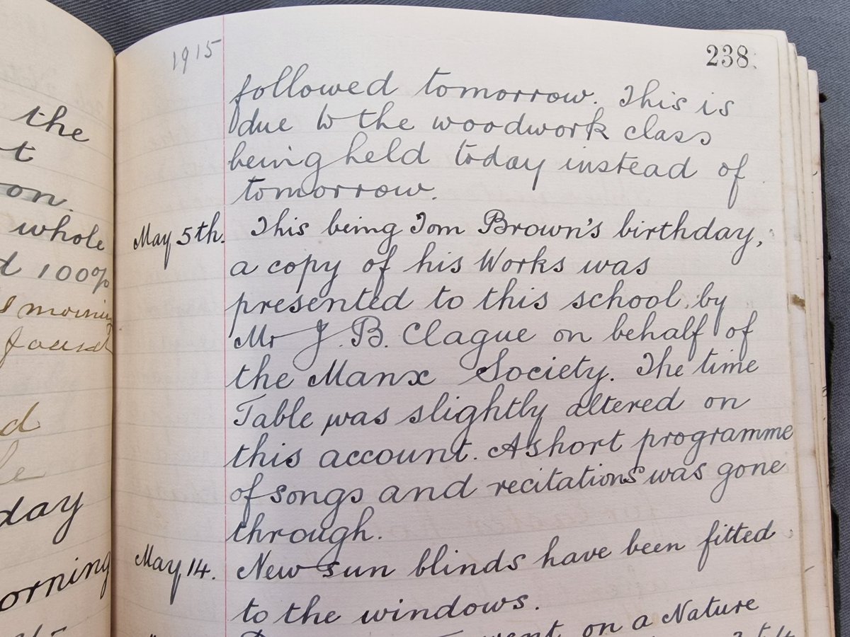 The great Manx poet T. E. Brown was born in May 1830. A lovely 1915 entry in this Dhoor School logbook tells us that the children marked the anniversary with songs and recitations, and that the Manx Society presented a copy of ‘Tom Brown’s’ works to the school. #ManxArchives