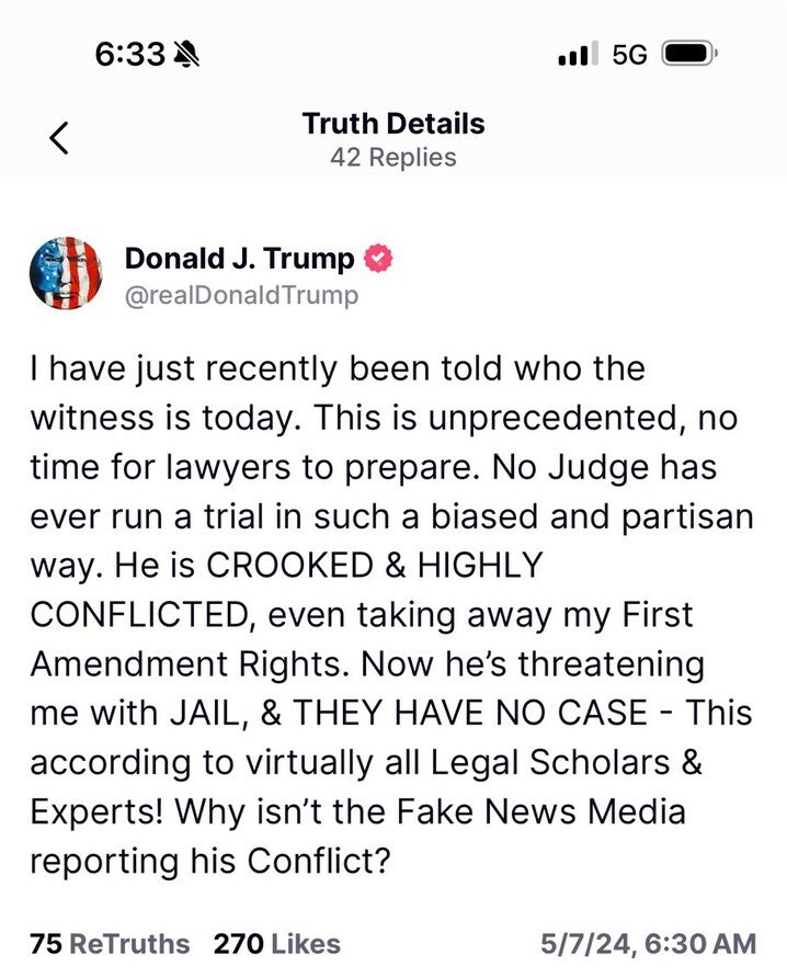 So Judge Merchan is threatening to put Trump in jail over this post in the Stormy Daniel’s fake political persecution case. He wants him to remove it, so I’ll post it for him. You going to throw me in jail too Judge? You know what to do patriots. Screw you Judge Merchan👋