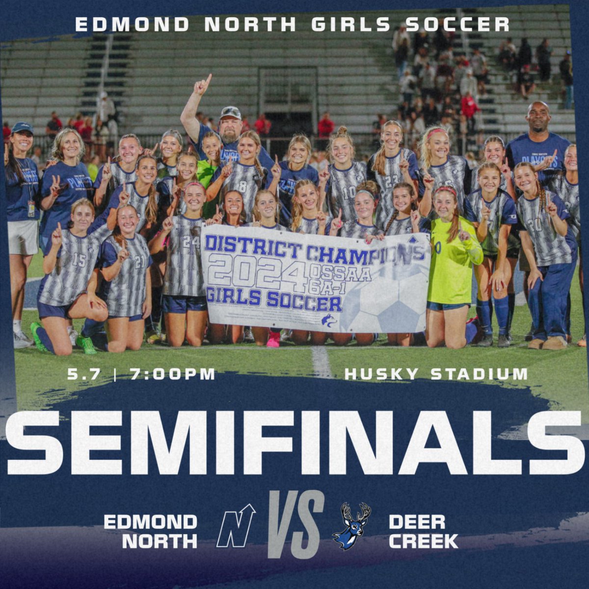 See you at Husky Stadium tonight to see Edmond North Girls Soccer take on Deer Creek in the State Semifinals! Winner earns a spot in the 6A State Championship Game! #HuskyNation #uN1ty @enhs.girls.soccer