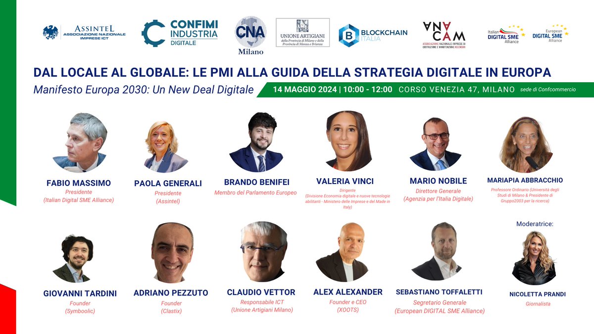 Dal locale al globale: le PMI alla guida della strategia digitale in #Europa 

🗓 14 Maggio 
⏰ 10:00 - 12:00
📍 Corso Venezia 47

Durante l’evento sarà presentato il Manifesto 2030 #EuropeanDigitalNewDeal per guidare l'UE verso la leadership #digitale.

👉t.ly/QX942