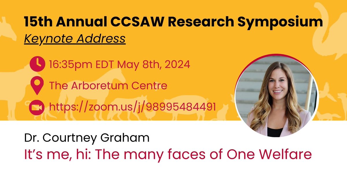 With 140+ people attending in person on May 8, we're excited to end our symposium with a keynote address by Dr. Courtney Graham (@courtneyandcats). If you haven't registered for in person, tune in online for an overview of #OneWelfare! uoguel.ph/0j03o