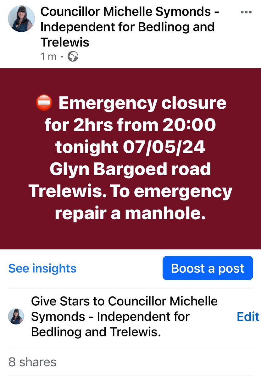 ⛔️ Emergency closure for 2hrs from 20:00 tonight 07/05/24 
Glyn Bargoed road Trelewis. To emergency repair a manhole.