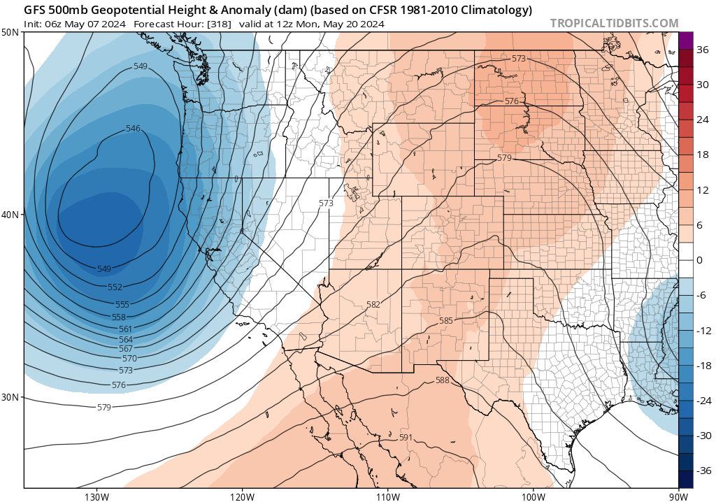 PNA - Pacific/North American Pattern (Teleconnection) continues to show index falling off the table.  Deepest dive this year.   Not always set in stone but usually a sign of cooler temps/rain.

GFS, which nailed Saturday's system, does hint at our next possible rain by the 20th.