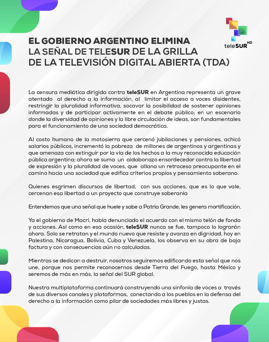 Nuestra solidaridad con @teleSURtv y con @Aljazzera, dos medios de comunicación que en las últimas horas fueron censurados en Argentina e Israel, respectivamente. Quienes no quieren la presencia de la prensa intentan ocultar el impacto de sus atrocidades. Por un lado, la crueldad…