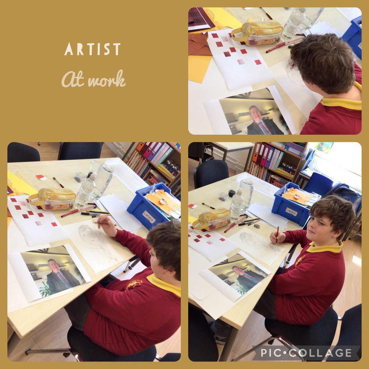 Artist at work. One of our year five pupils was chosen to recreate a layered portrait of our Headteacher