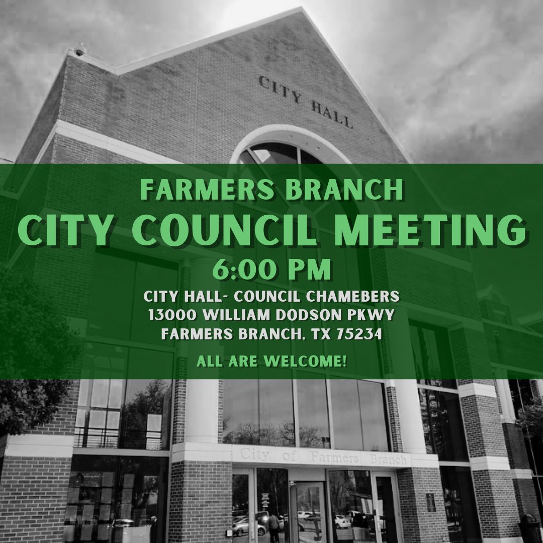 Join us at @fbtx City Hall at 6 PM for tonight's City Council meeting! 

All are welcome! Make sure your voice is heard! 
#farmersbranch