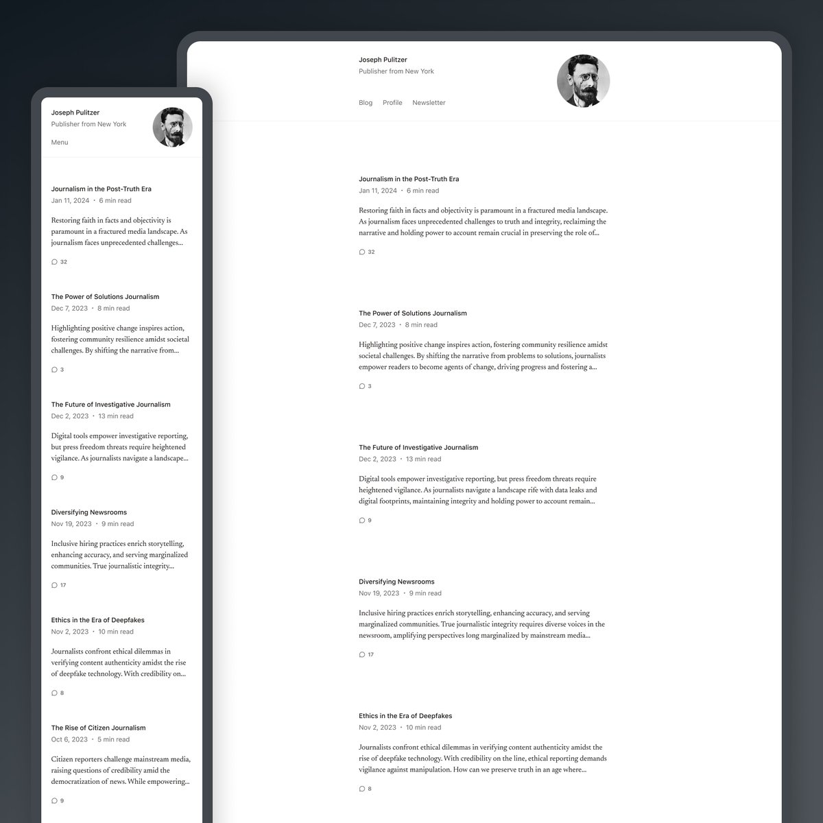 My new free WordPress theme Pulitzer is out now! It’s a blog theme for writers, with a reading time indicator and a @jetpack newsletter subscription form. ✏️ Blog post: andersnoren.se/introducing-pu… 👁️ Demo: pulitzer.andersnoren.se 💾 Download: wordpress.org/themes/pulitze…
