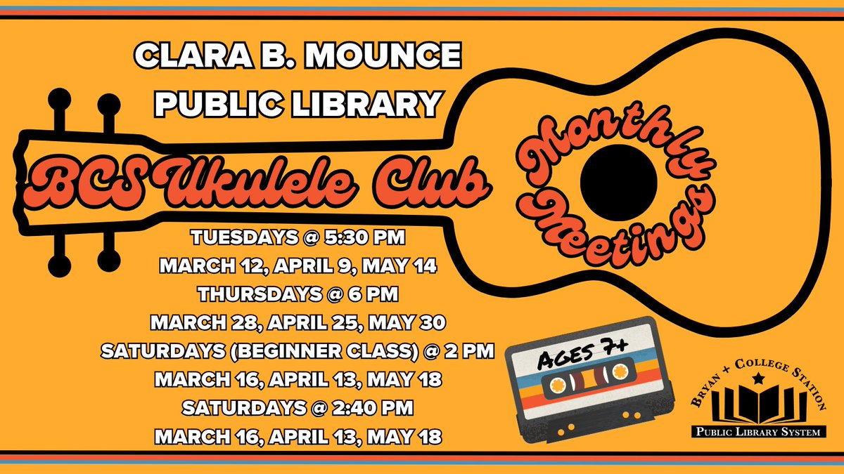 Tune in next Tuesday, May 14th @ 6 PM for Ukulele Club at the Mounce! Ages 7 and up are welcome! No registration required! #bcstx #ukulele