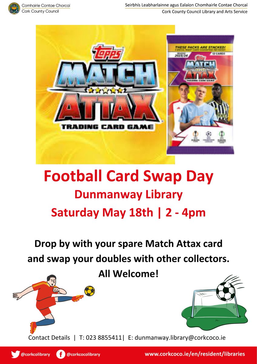#Dunmanway library is hosting a #MatchAttax card swap event on Saturday May 18th from 2-4pm. Bring along your duplicate cards and trade with other collectors! All welcome! @Dunmanway @derrinacahara @DunmanwaySoccer