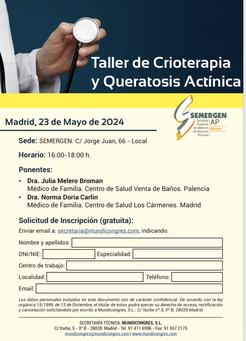 El 23 de Mayo se impartirá un taller sobre crioterapia y queratosis actínica
Se adjunta solicitud de inscripción para interesados.