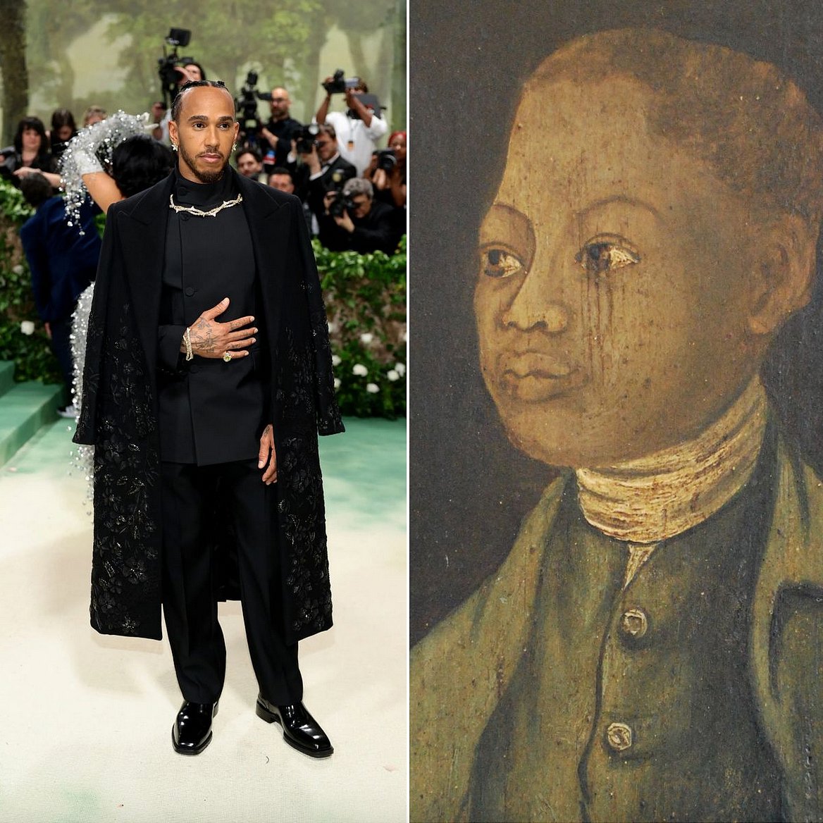 British Formula 1 driver @LewisHamilton's Met Gala @Burberry look was inspired by the story of John Ystumllyn, one of Britain’s first black gardeners, and the symbolic language of flowers in black history. John Ystumllyn was an 18th-century gardener and is considered the first