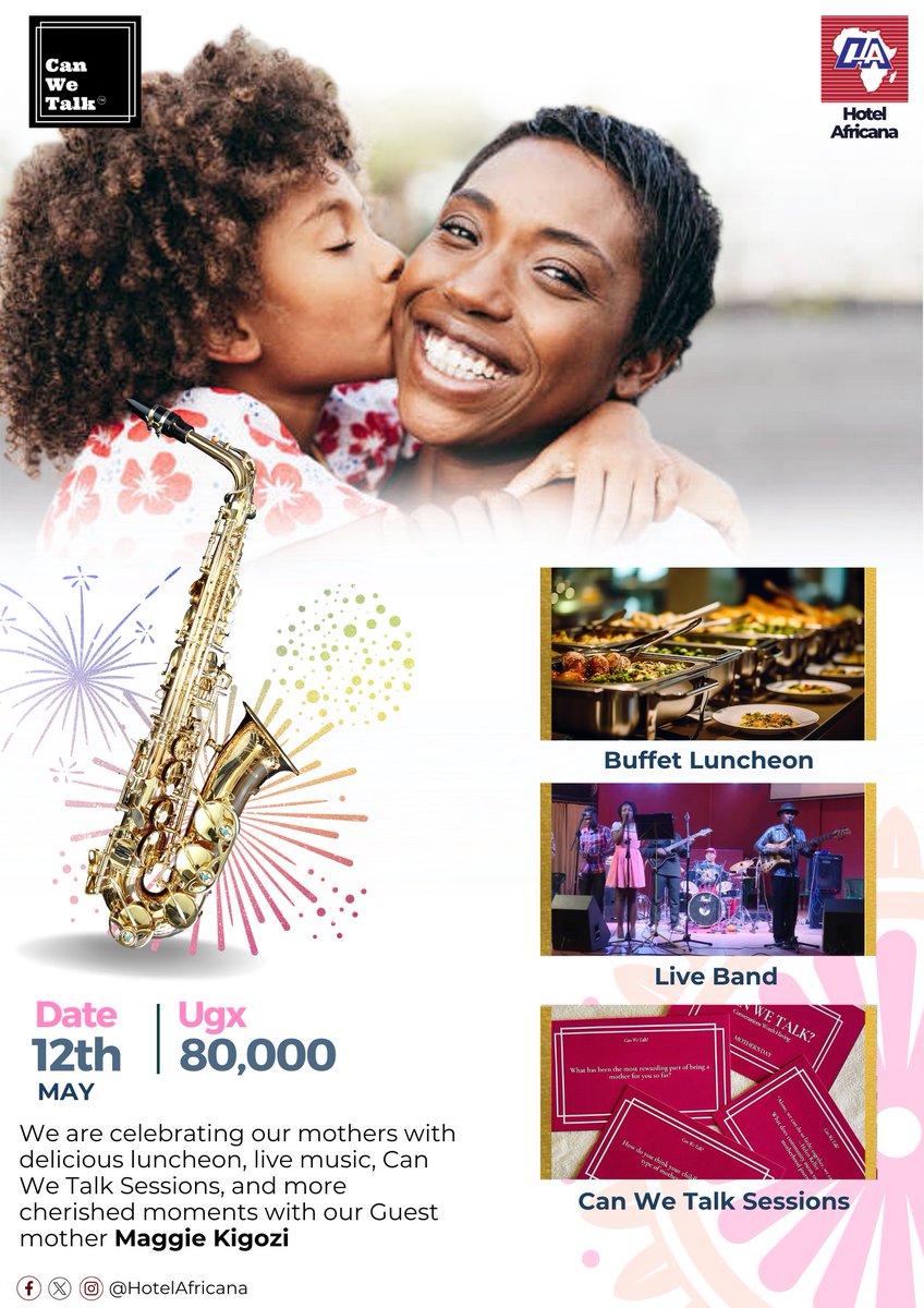 Join us this Mother's Day, May 12th, at Hotel Africana! Treat mom to a day filled with music, heartfelt conversations, and a special session with our guest mother @MaggieKigozi3.☺️🤗 Book your unforgettable experience now!❤️👩‍👦‍👦 #Mothersday2024