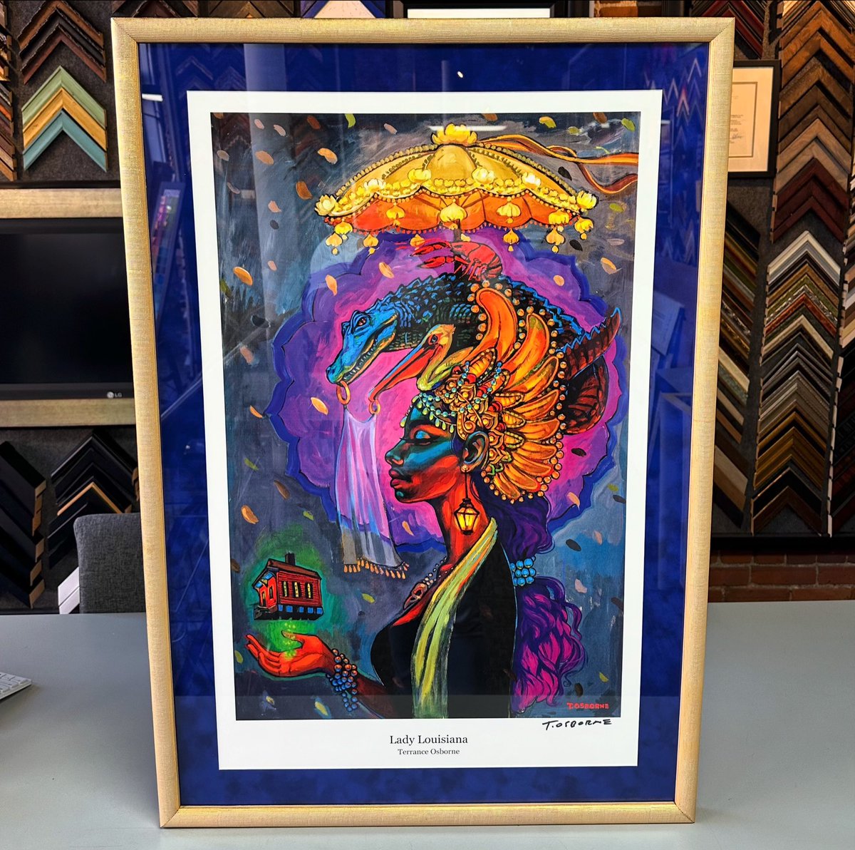 ‘Lady Louisiana’ by @TerranceOsborne using suede matting, UV glass and frame by @RomaMoulding ! #art #denver #colorado #pictureframing #customframing #5280customframing #terranceosborne #neworleans @truvueglazing @Crescent_CP