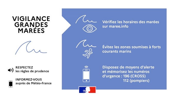 #MardiConseil 🌊 Avec les grandes marées attendues demain et jeudi sur les littoraux de la façade Atlantique, de la Manche et de la mer du Nord, restez prudents ! ⌚️ Vérifiez les horaires de marées 👥 Prévenez vos proches si vous partez seul 📞 Ayez sur vous des moyens d'alerte