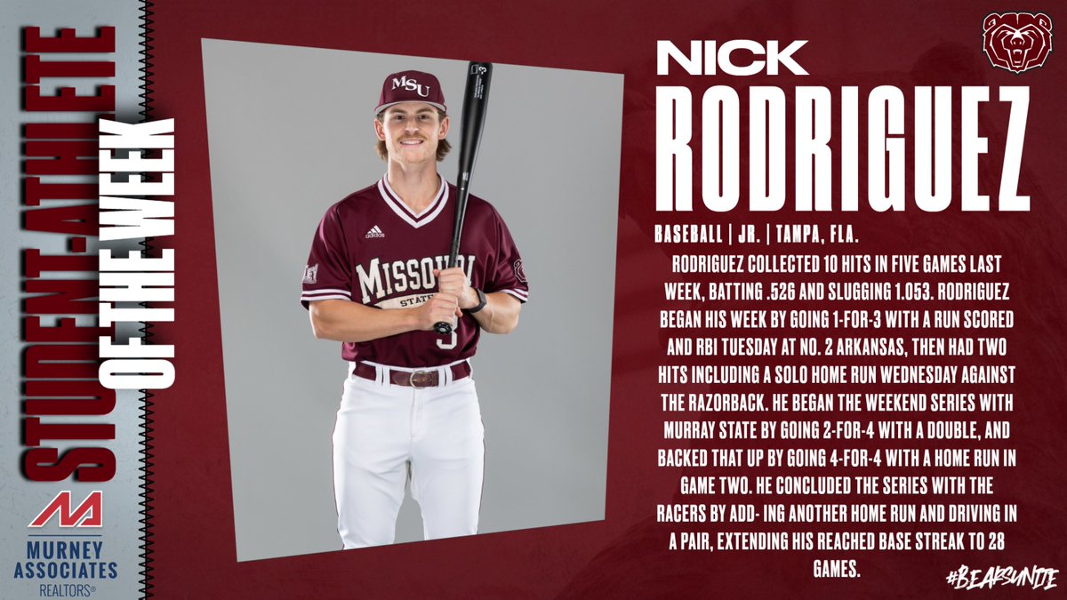 The MSU Athletics Student-Athlete of the Week presented by Murney Associates, Realtors is Nick Rodriguez! 🐻 #BearsUnite | @MSUBearBaseball