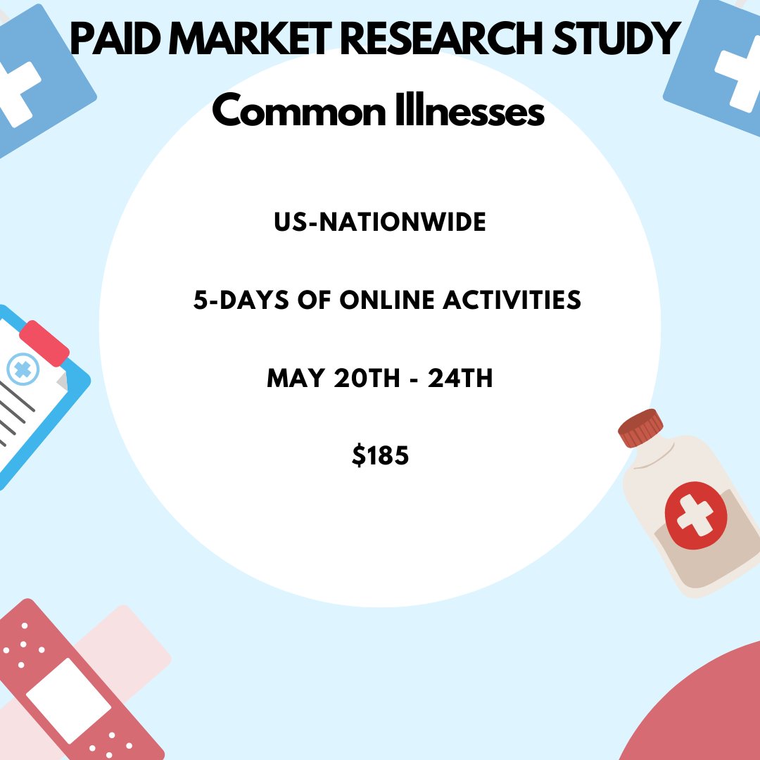 Paid Market Research Study - $185 – Common Illnesses
Where: US
What: 5-Days of Online Activities
Dates: May 20-24
Incentive: $185
Survey link: surveys.opinionslink.com/r/3orkGd
#opinionslinkresearch #opinionslink #commonillnesses #ColdandFlu #illness #healthcare #healthstudies #healthstudy