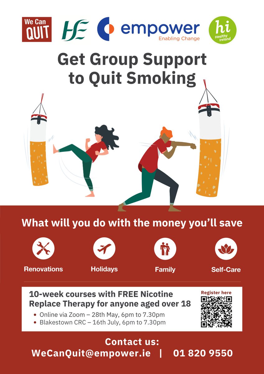 Our next We Can Quit Smoking Cessation Programme is starting on 28th of May Online via Zoom from 6-7.30 pm. Our next course will be in Blakestown CRC on 16th of July from 6-7.30 pm. Contact wecanquit@empower.ie or call 018209550. Scan the QR code or click: form.jotform.com/210204063024334