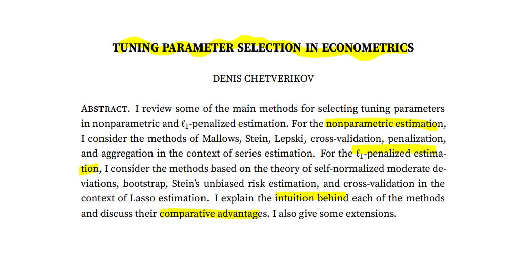 Hi #EconTwitter! 📈 For applied economists using nonparametric #econometrics: Struggling with choosing the right tuning parameters? Check out this nice review paper by Denis Chetverikov (@UCLA). Well written and very instructive - recommended! ⭐️ Link: arxiv.org/abs/2405.03021