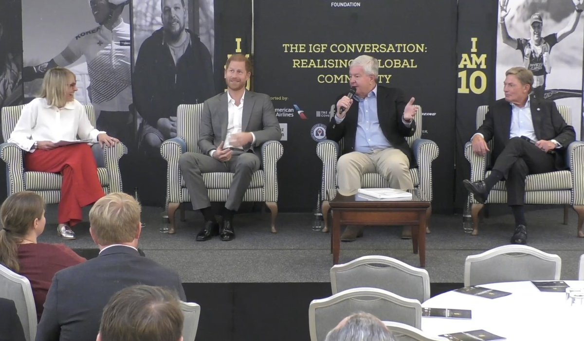 Prince Harry, Sir Keith Mills, and Ken Fisher (CEO & Chair of Fisher House Foundation) for IGF conversation in London 💛🖤