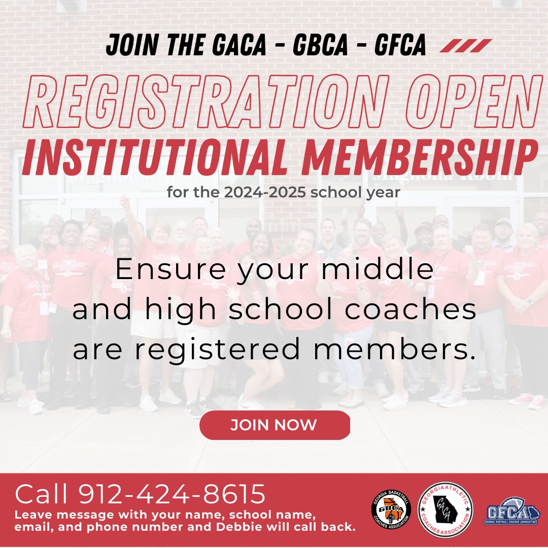 Early Institutional Membership for 2024-2025 is NOW OPEN! This is a great way to get all your coaches involved before the school year begins and attend the Leadership Summit for FREE on July 21-22, 2024! Call Debbie today at 912-424-8615 to join or renew your membership!