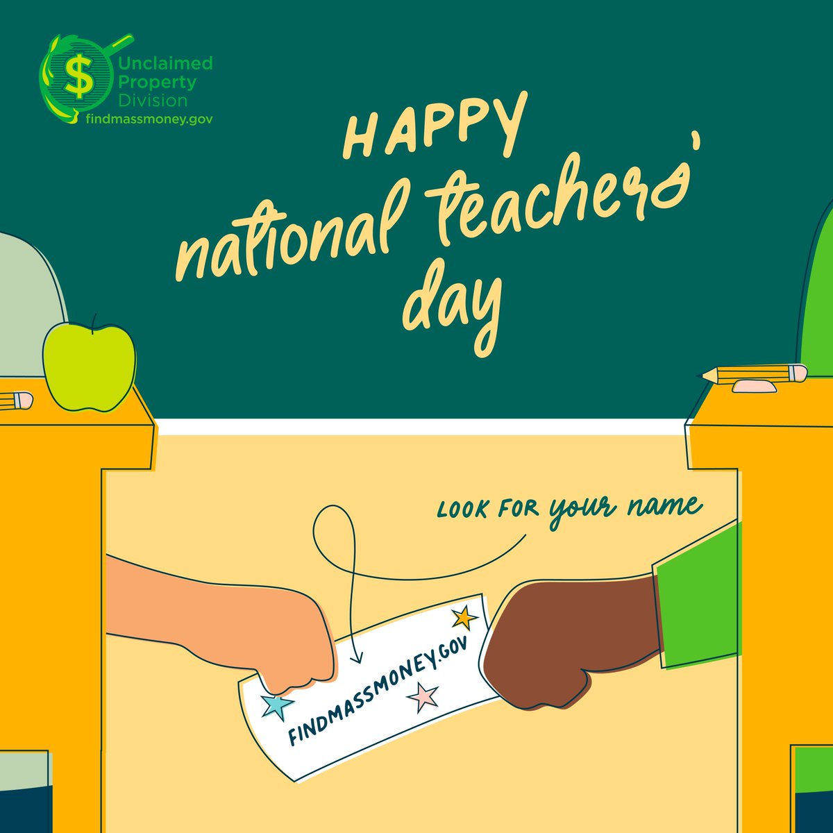 Psst...teachers! The secret's out! Find your misplaced cash at findmassmoney.gov. Happy National Teacher Day!