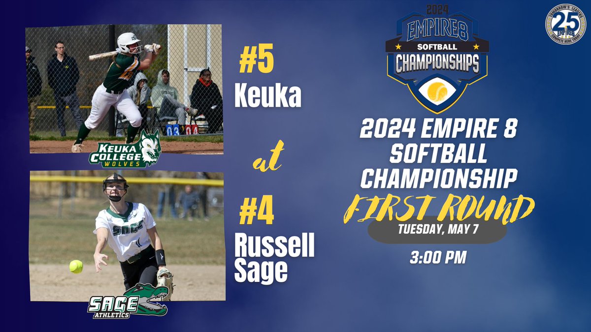 The 2024 #E8 Softball Championship Tournament starts TODAY! No. 5 @KeukaAthletics travels to No. 4 @SageGators for a 3pm first round game! 

#E8Proud #E8Champs #LeadersCompeteHere #E825