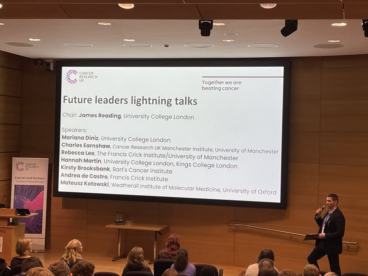 Now we’re onto what is often my favourite part of modern research meetings, the ECR lightning talks: a quick dip into lots of fantastic topics. James Reading hosting our featured future superstars. #CancerHostTI24