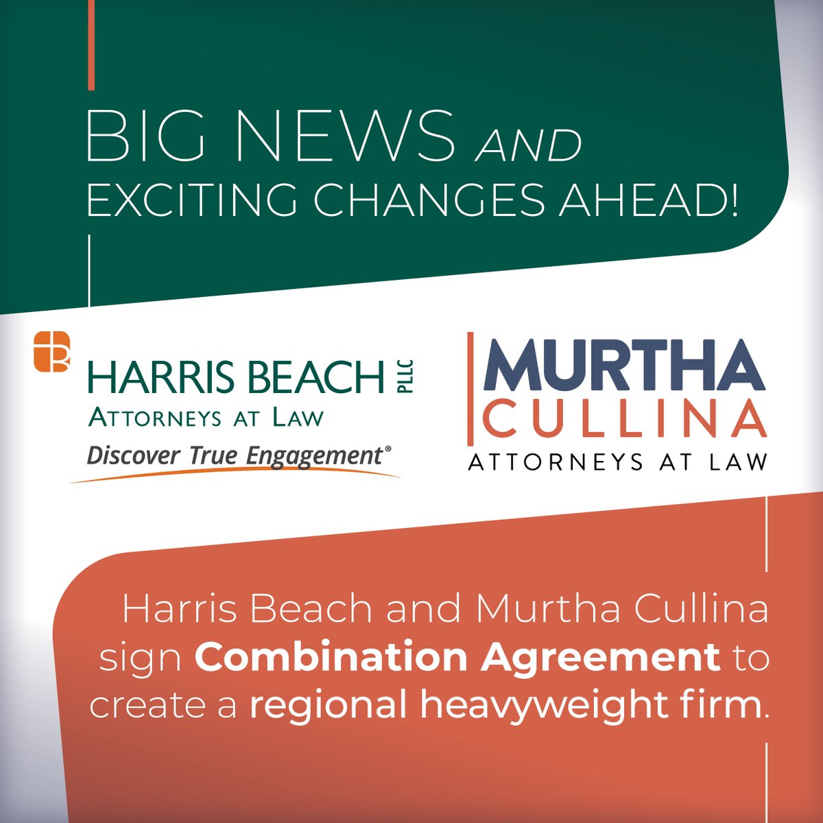 Harris Beach and @MurthaLaw are combining! A Combination Agreement is signed, and we are well on our way to being one firm - known as Harris Beach Murtha. We expect to be one firm by Jan. 1, 2025. Stay tuned for updates! Read more: bit.ly/4a5NpSR