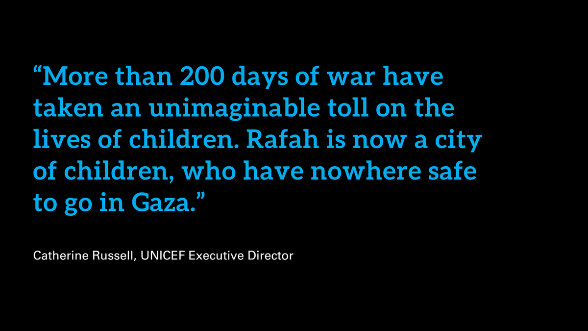 There is nowhere safe to go for the 600,000 children of Rafah, warns UNICEF Executive Director, Catherine Russell.