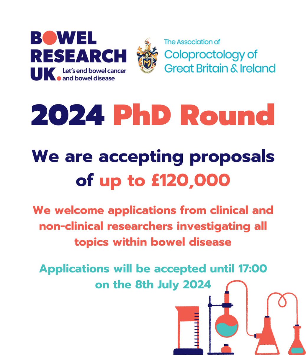 The Bowel Research UK 2024 PhD Grand Round is OPEN!

Find out more information and apply at bowelresearchuk.org/our-research/a…

#SoMe4Surgery #BowelResearch #MedicalResearch #Research #Bowels #BowelDisease #BowelCancer #IBD #IBS #Bowels #BowelHealth
