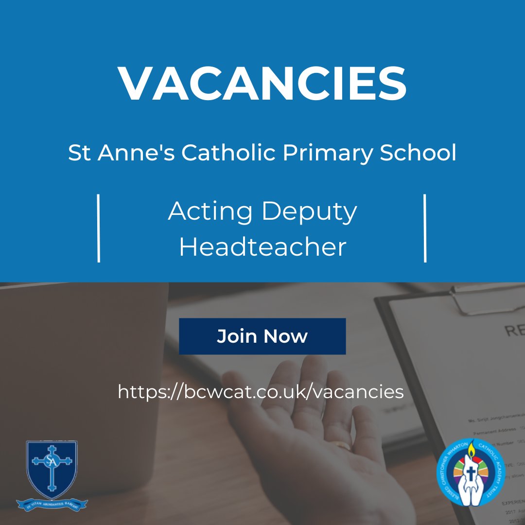 🔍Vacancies 🏫 St Anne's Catholic Primary School: 👩‍🏫Acting Deputy Headteacher Visit our website to view vacancies across our Trust: 🔗bcwcat.co.uk/vacancies