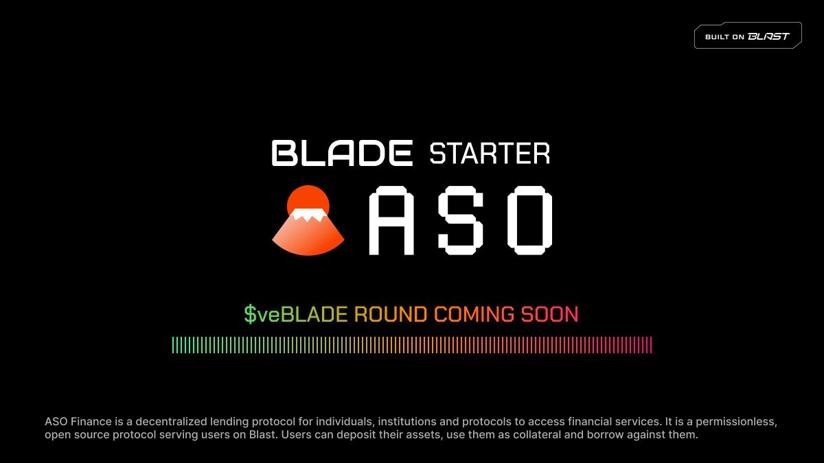 ⏱️ $veBLADE round on BladeStarter starts in 24hrs on @Bladeswapxyz! This round offers a unique opportunity to purchase $ASO at a discounted price via an overflow sale 🌟 With a 150,000 $veBLADE cap, starting May 8th at 3 PM UTC, for 24 hours Don't miss this chance!