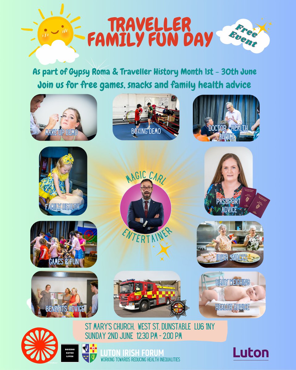 It's the Traveller Family Fun Day! 2nd June 12.30pm-2.00pm. Come and see Magic Carl - Entertainer! Welfare, health, passport and benefits advice. Irish snacks. Fun and games! Boxing display. Makeup Artist! Don't miss out!