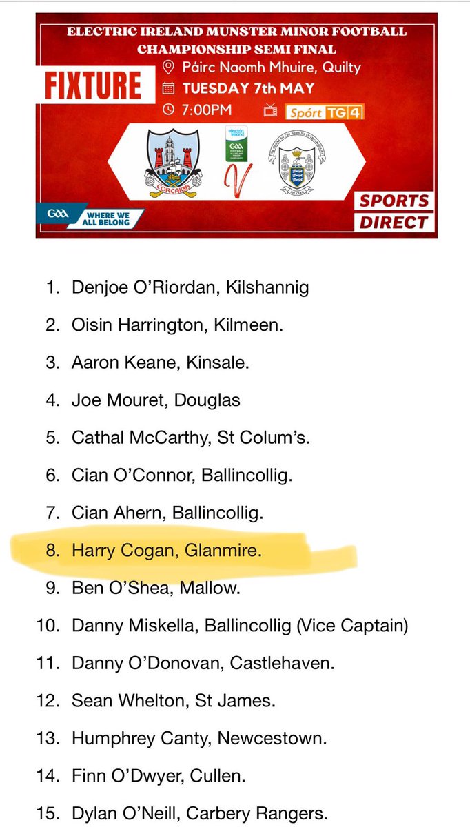 Best of luck to Harry Cogan in the semi final of the Munster Minor Football Championship with Cork tonight in Clare. 💛💚