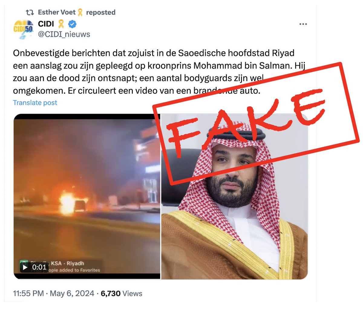 Fake bericht over moordaanslag op Saoedische prins Bin Salman. Video van brandende auto in Ryadh is van 16 maart. Ik zou het even rechtzetten, @CIDI_nieuws. twitter.com/DFRAC_org/stat…