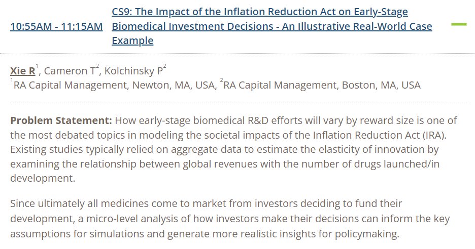 Looking forward to @Richard_Z_Xie's 10:50am #ISPORAnnual #GCEA_Quest presentation on #IRA's impact on new early-stage R&D in Registration Hall AB!