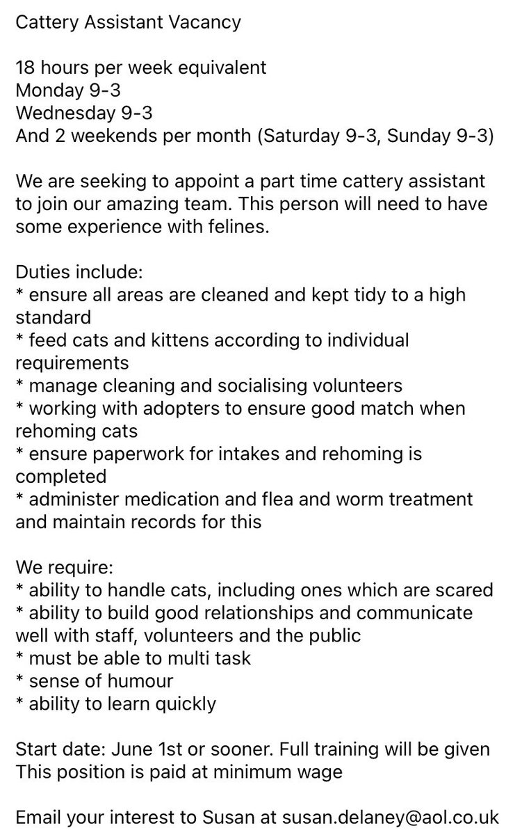 Job opportunity at The Scratching Post - we are seeking to appoint a part time cattery assistant to join our team. See details below ⬇️ or click Facebook link 😸🐈🐈‍⬛ facebook.com/share/p/N1NzQf…