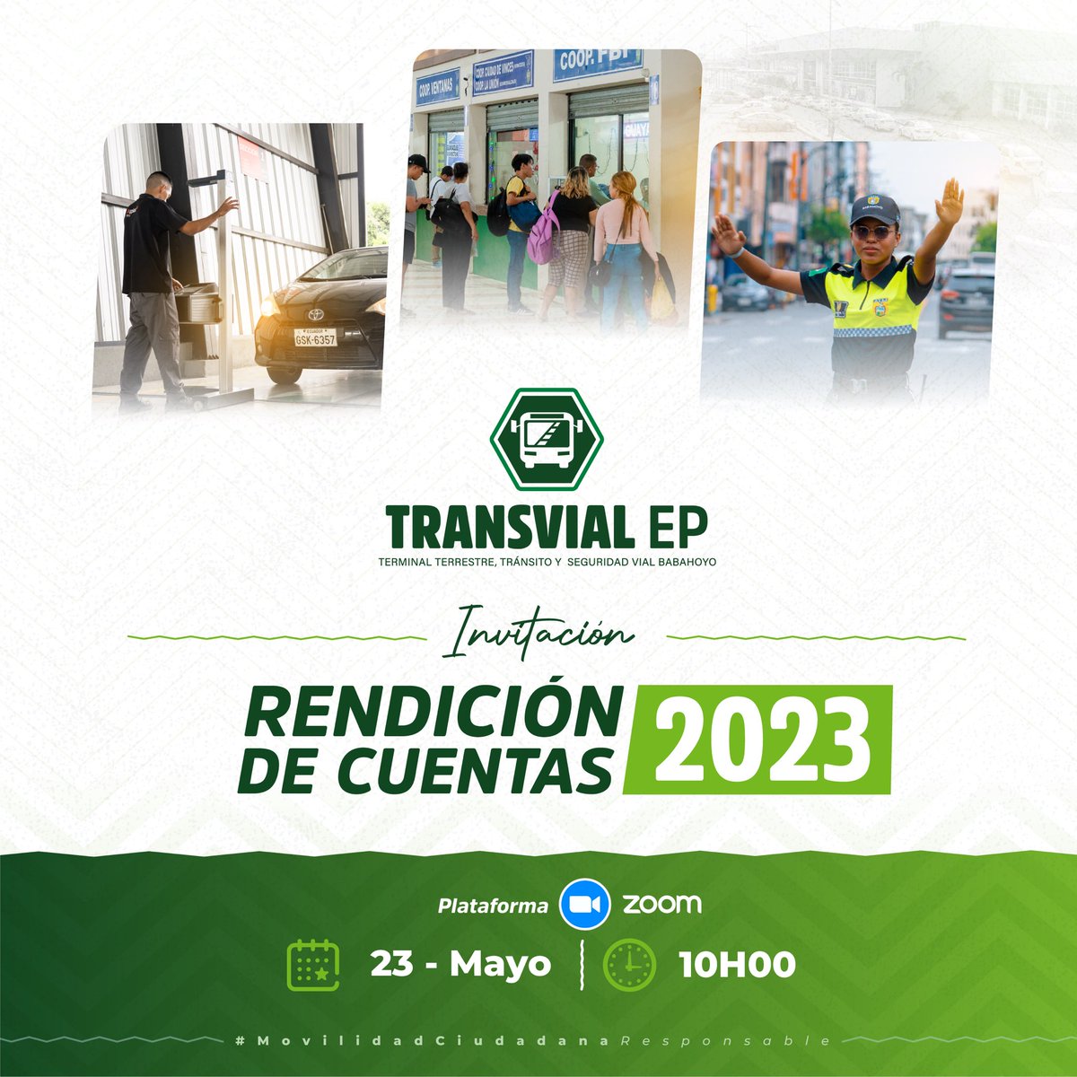 📢 ¡Conoce sobre la gestión de #TransvialEp!
 
El próximo 2️⃣3️⃣ de mayo se presentará el Informe de #RendiciónDeCuentas2023.

Hacemos una cordial invitación a la ciudadanía 🫂

#MovilidadCiudadanaResponsable 🤝