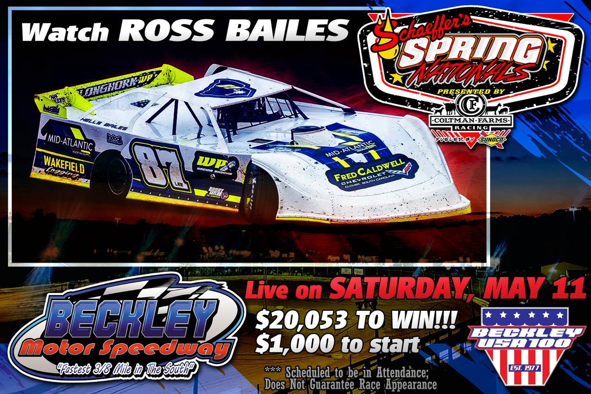 Watch defending race winner @RossBailes vie for the $20,053 top prize with the @SchaefferOil #SpringNationals in the annual Beckley USA 100 on Saturday, May 11 at Beckley Motor Speedway! If you are unable to make the trip to Mount Hope, WV, watch every lap LIVE on @FloRacing. 🏁