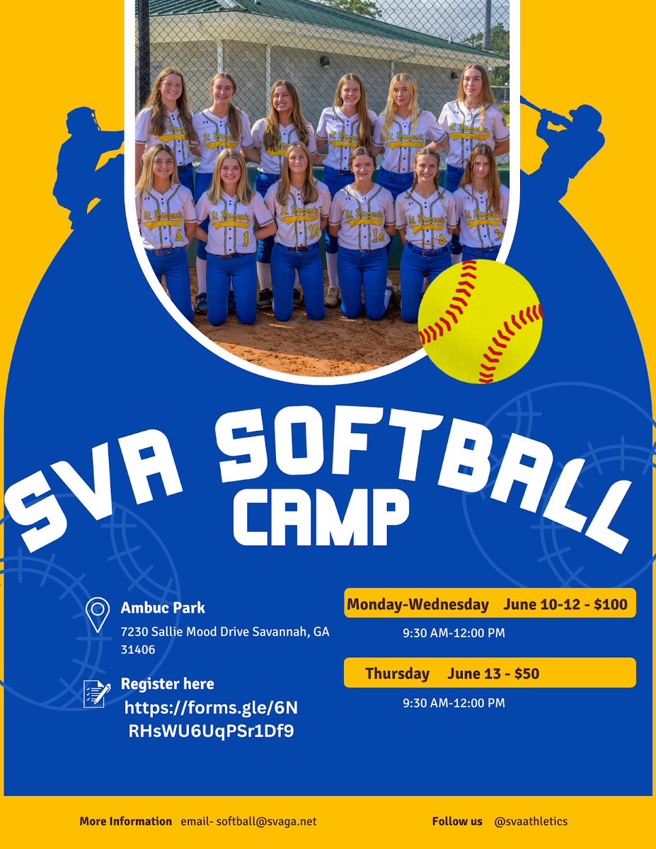 SVA Middle School Softball Camp - June 10th-13th - 9:30am-12pm Monday-Wednesday All Skills ($100) Thursday- Pitchers and Catchers ($50) Pitchers and Catchers are welcome at the All Skills Register here- forms.gle/3ENNbNxARwXZSd…