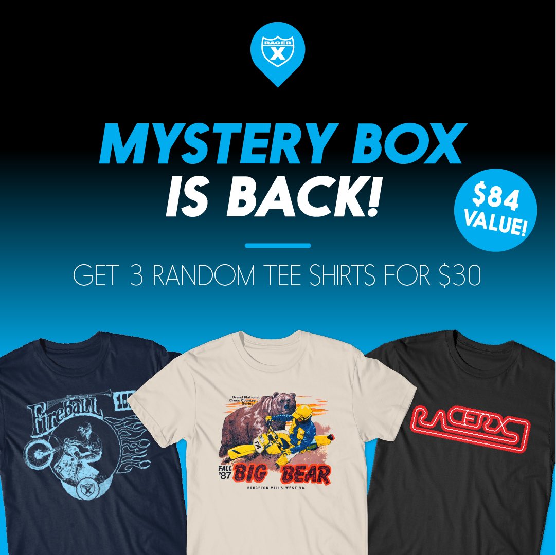 The mystery box is back‼️ Get 3️⃣ RANDOM t-shirts for $30 an $84 value ➡️ You never know what you might get 👀 Visit RacerXbrand.com to shop and check out the apparel just in time for summer 🛒 #RacerXbrand