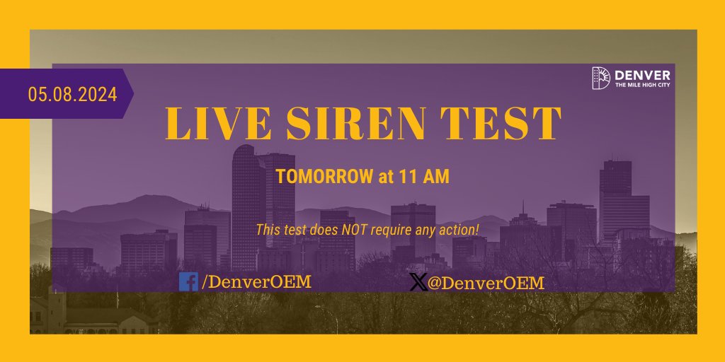 Tomorrow, May 8th, at 11 a.m. the city will be conducting a live outdoors siren test! This test is to ensure alert and warning systems within the city are fully functioning. No action is required for this test! #DenverListo #DenverReady #Sirentest2024 #JustATest