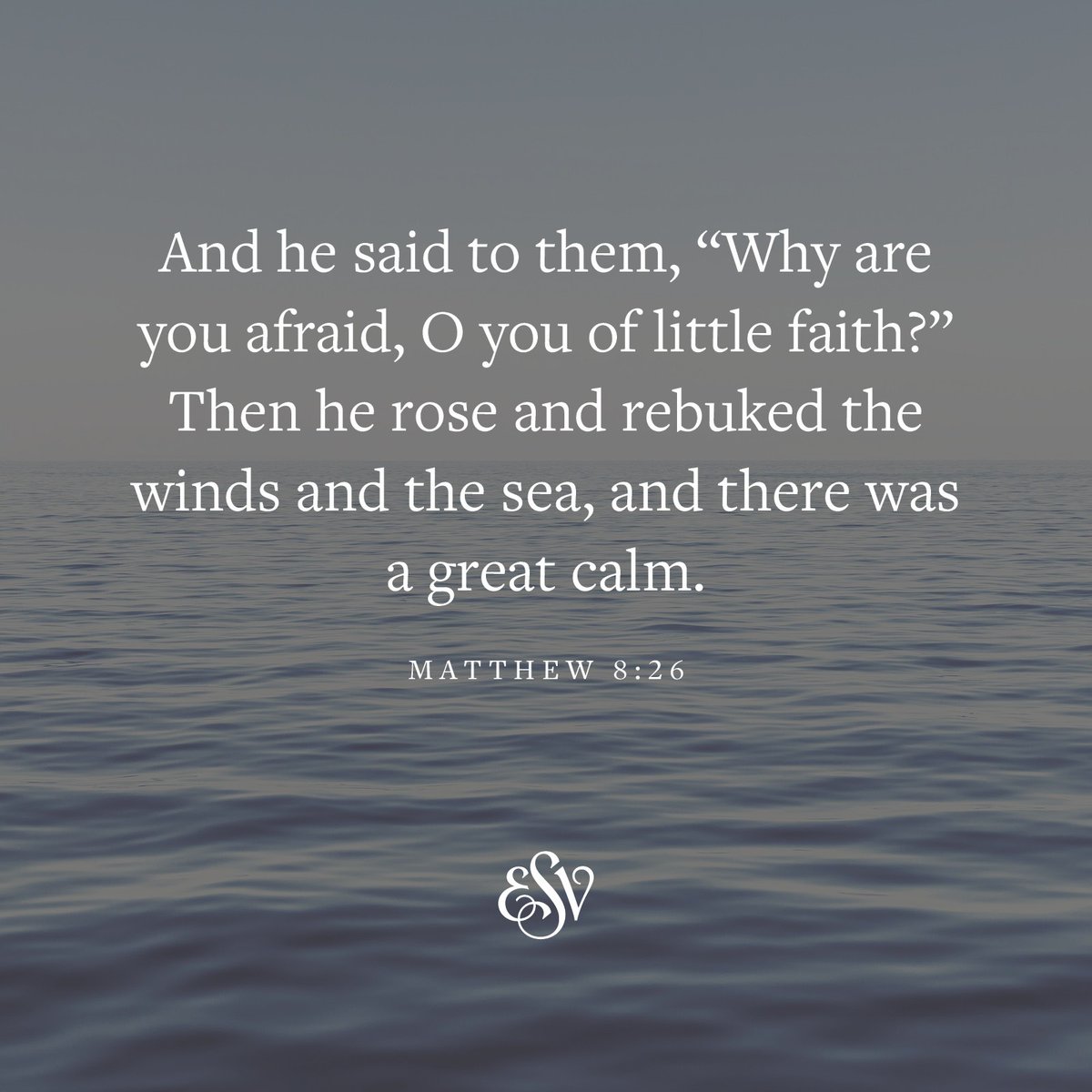 And he said to them, 'Why are you afraid, O you of little faith?' Then he rose and rebuked the winds and the sea, and there was a great calm. —Matthew 8:26 ESV #Verseoftheday #Bible #Memoryverse #ESV