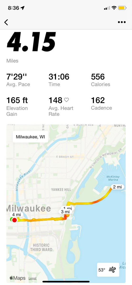 Windy 4.15 mile #run in downtown Milwaukee and along Lake Michigan before heading to the #APHL conference for the day. Cloudy, 53F, 20mph wind, 7’29”/mile pace.