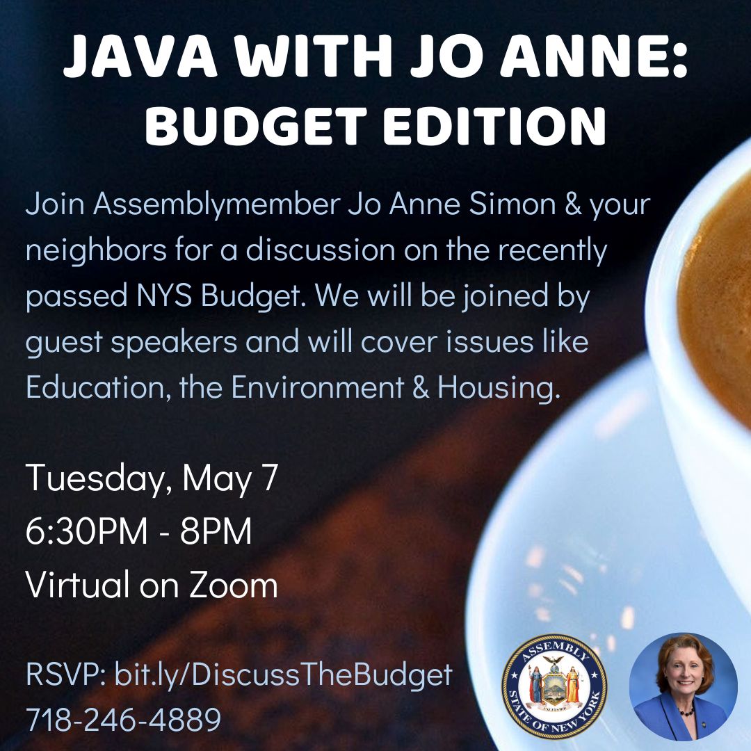 Join me this evening over Zoom for Java with Jo Anne: Budget Edition at 6:30PM! We will discuss key parts of the budget, like education & health care. We will also be joined by housing & climate change experts from @LegalAidNYC & @350brooklyn. RSVP: bit.ly/DiscussTheBudg…