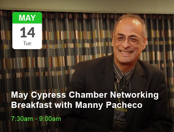 Cypress film author & broadcaster Manny Pacheco will speak at our breakfast event NEXT Tuesday. He shares stories of the unsung actors from the golden era of Hollywood who are often “forgotten” in other film books. Always fun speaker! Great NETWORKING! cypresschamber.org/events/details…