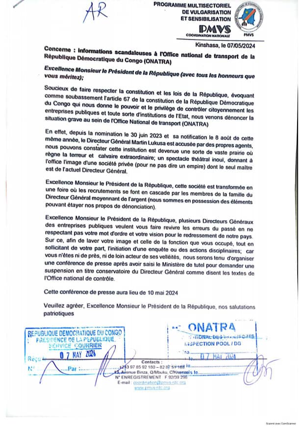 Nous avons saisi le chef de l'Etat @Presidence_RDC sur la Situation à l'ONATRA et prévoyons une conférence de presse le 10 mai afin d'éclairer l'opinion.